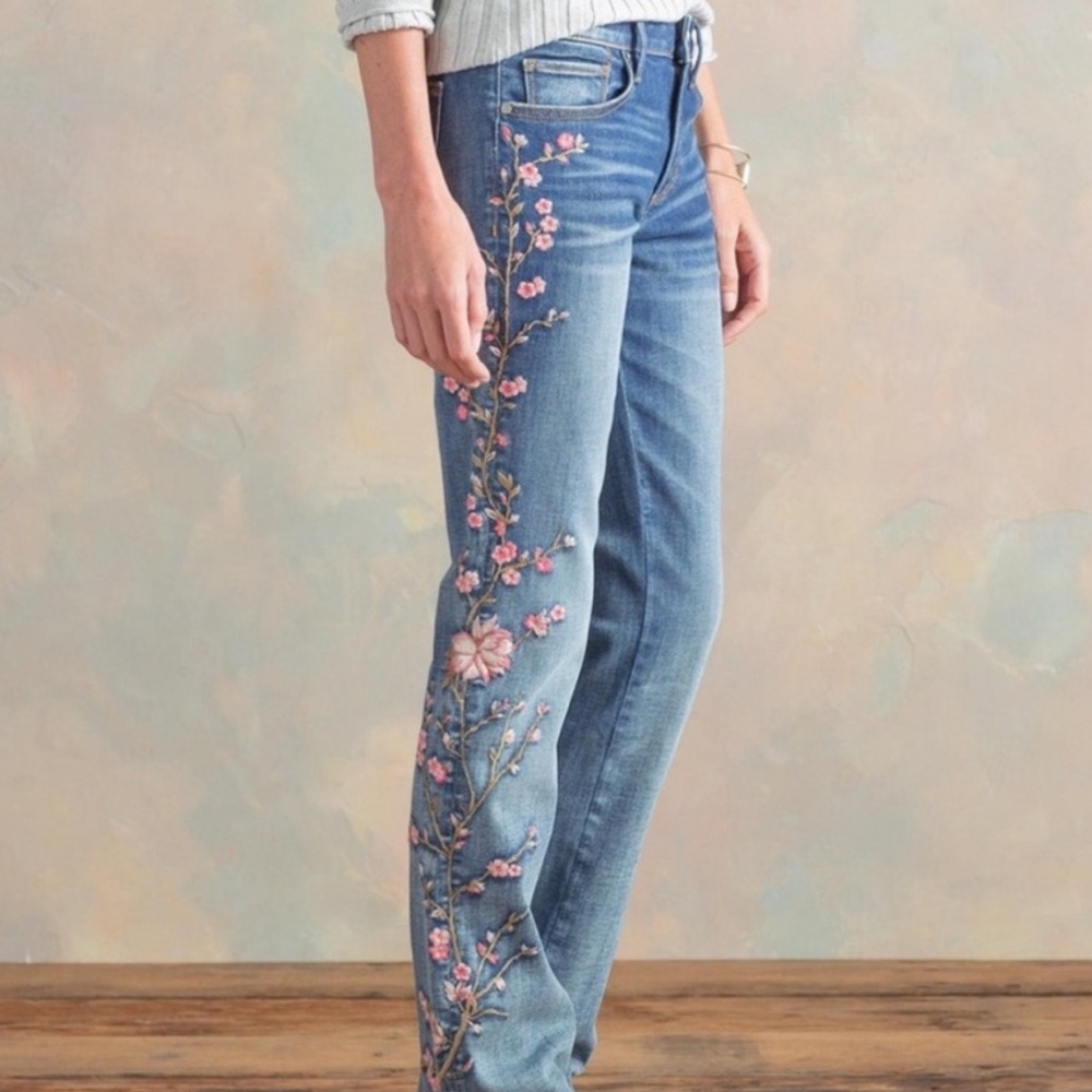 Driftwood 26 Jackie Cherry Blossom Floral Embroidered Jeans Skinny Mid-rise